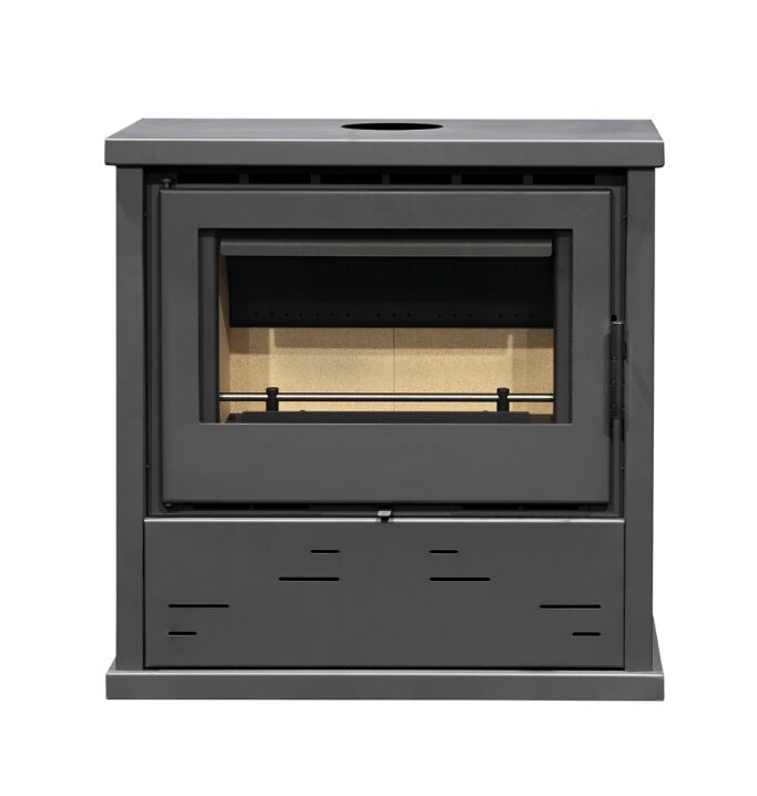 Salamandra a Lenha Bell 11 em aço com vidro Neocerâmico, ventilação tangencial e design moderno para aquecimento eficiente.