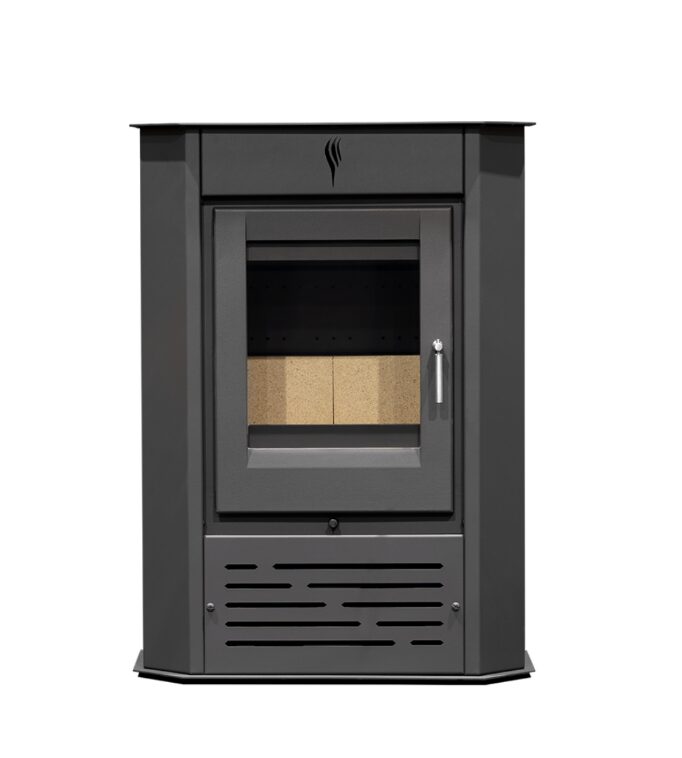 Salamandra de canto ventilada SR910 em aço com vidro Neocerâmico, mostrando o fogo aceso e ventiladores integrados, ideal para aquecer ambientes de até 340 m³ com eficiência.