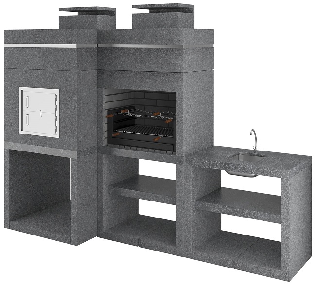 Churrasqueira CH910 com forno e bancada em betão cinza, com grelhador incluído e acabamento britado moderno.