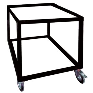 Suporte em ferro com rodas para forno a lenha, estrutura preta resistente.