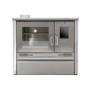 Fogão a Lenha ME16 Inox PV com design moderno, porta de vidro termo resistente, forno em inox e câmara de combustão revestida em tijolo refratário.