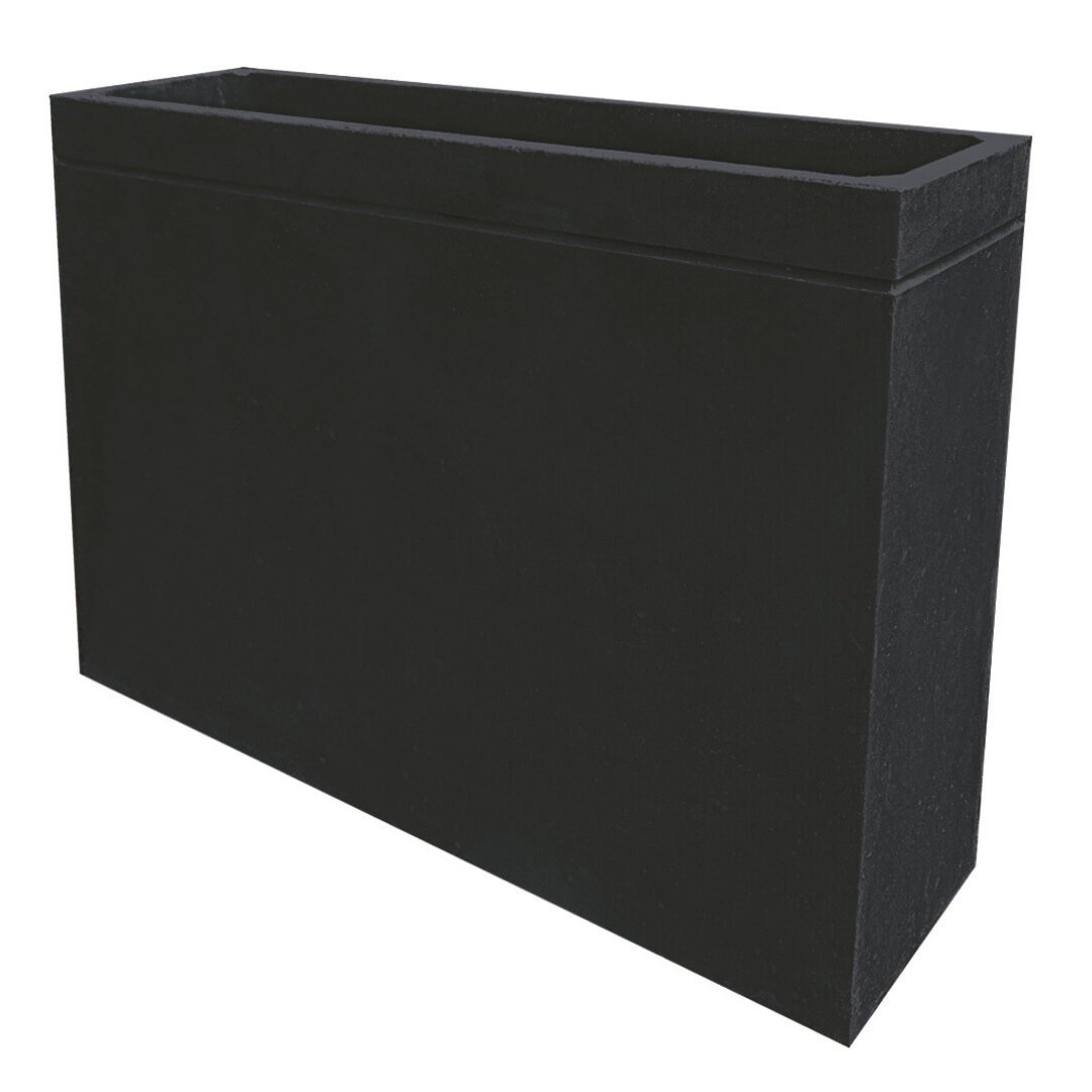 Floreira Urban pintado preto em betão liso 120×30×80 cm, modelo retangular e elegante para interior ou exterior.