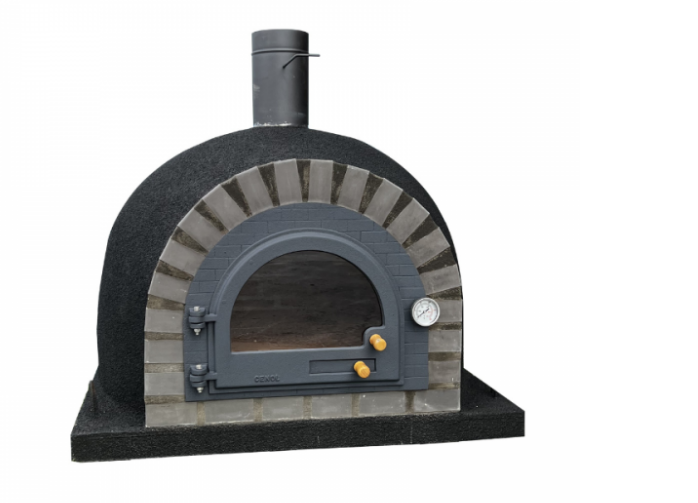 Forno a lenha isolado Sintra em tijolo cinza com isolamento em cortiça e porta em ferro fundido.