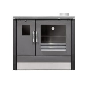 Fogão a Lenha ME16 Tropical Black em aço especial com forno em inox, potência de 6,8 kW e design moderno em preto.