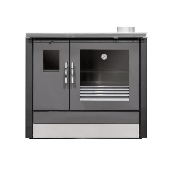 Fogão a Lenha ME16 Tropical Black em aço especial com forno em inox, potência de 6,8 kW e design moderno em preto.