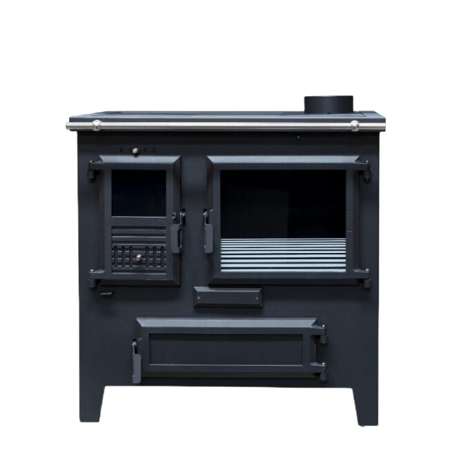 Fogão a lenha ME70 com forno em aço carbono, tampo reforçado e portas em alumínio fundido com vidro termo resistente, potência de 8,9kW e saída de fumos lateral, ideal para aquecimento e cozedura segura.