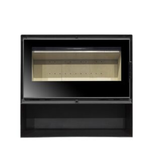 Salamandra a lenha ventilada FREE 1000 com vidro Neocerâmico, estrutura em aço e potência de 10,2 kW, ideal para aquecer e decorar a sua casa.