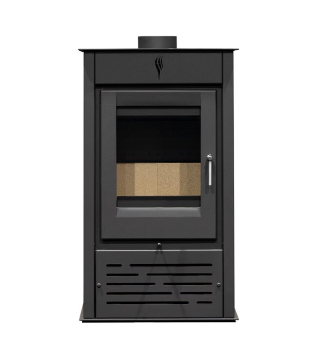 Salamandra a Lenha SR895 com 5,5 kW de potência, ventilação integrada, vidro termo resistente e corpo em chapa de aço. Aquecimento eficiente e seguro para qualquer ambiente.