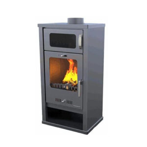 Salamandra a Lenha TROY 5025 com forno incorporado, acabamento em antracite, estrutura em aço e câmara em ferro fundido, ideal para aquecer até 223 m³ com estilo clássico e alta eficiência.