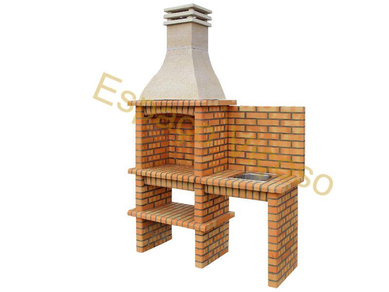 Churrasqueira em tijolo modelo ESPV212-T com painel, bancada lateral, lava-louça e torneira incluída, ideal para espaços exteriores.