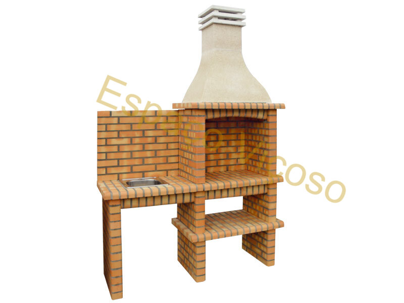 Churrasqueira em tijolo ESPV213-T com bancada e lava-louça do lado esquerdo, painel traseiro de proteção e cuba integrada, ideal para jardins e terraços
