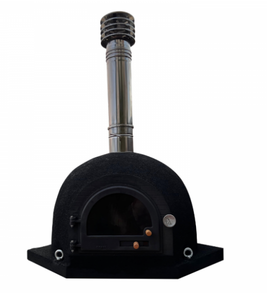 Forno de canto Valongo 85×85 cm com isolamento em cortiça, chaminé em inox e cores bege ou preto.