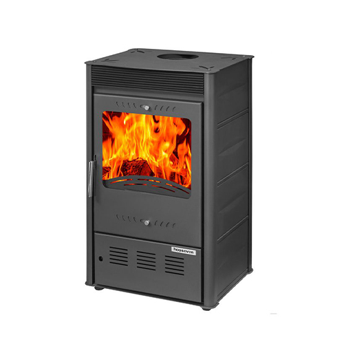 Salamandra a lenha Rose 5060 em ferro fundido e aço reforçado, com lenheiro e sistema de combustão dupla.